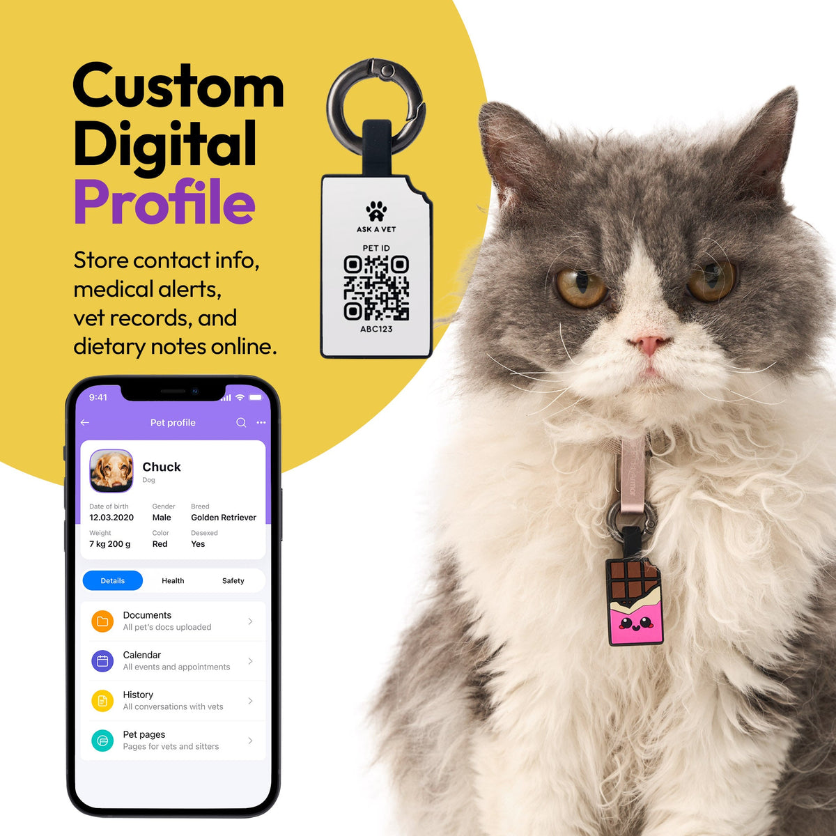 Chocolate Pink | Smart ID Tag: Cat wearing the Chocolate Pink tag beside a phone showing its profile, headed Custom Digital Profile