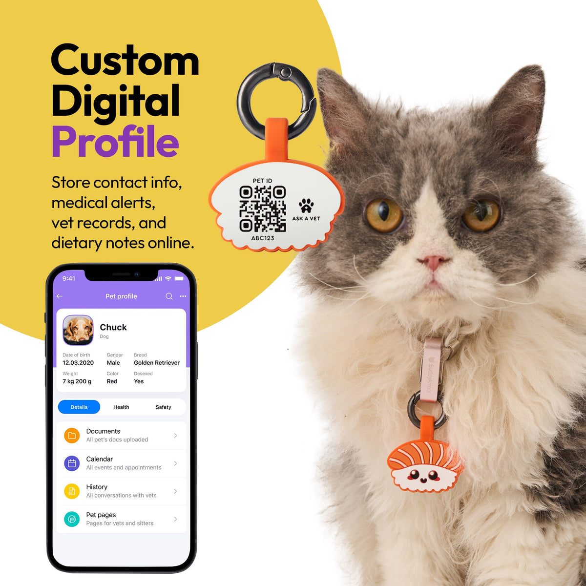 Salmon Sushi | Smart ID Tag: Cat wearing the Salmon Sushi tag beside a phone showing its profile, headed Custom Digital Profile