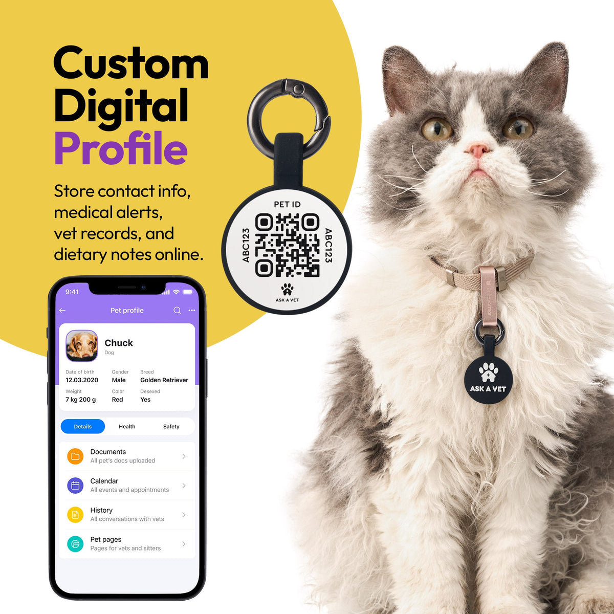 Black | Smart ID Tag: Cat wearing the Black tag beside a phone showing its profile, headed Custom Digital Profile