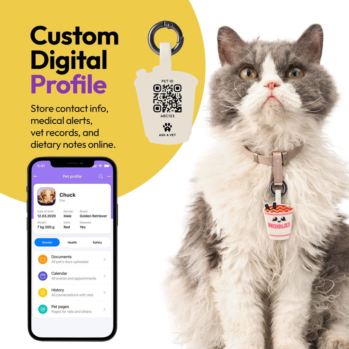 Ramen | Smart ID Tag: Cat wearing the Ramen tag beside a phone showing its profile, headed Custom Digital Profile