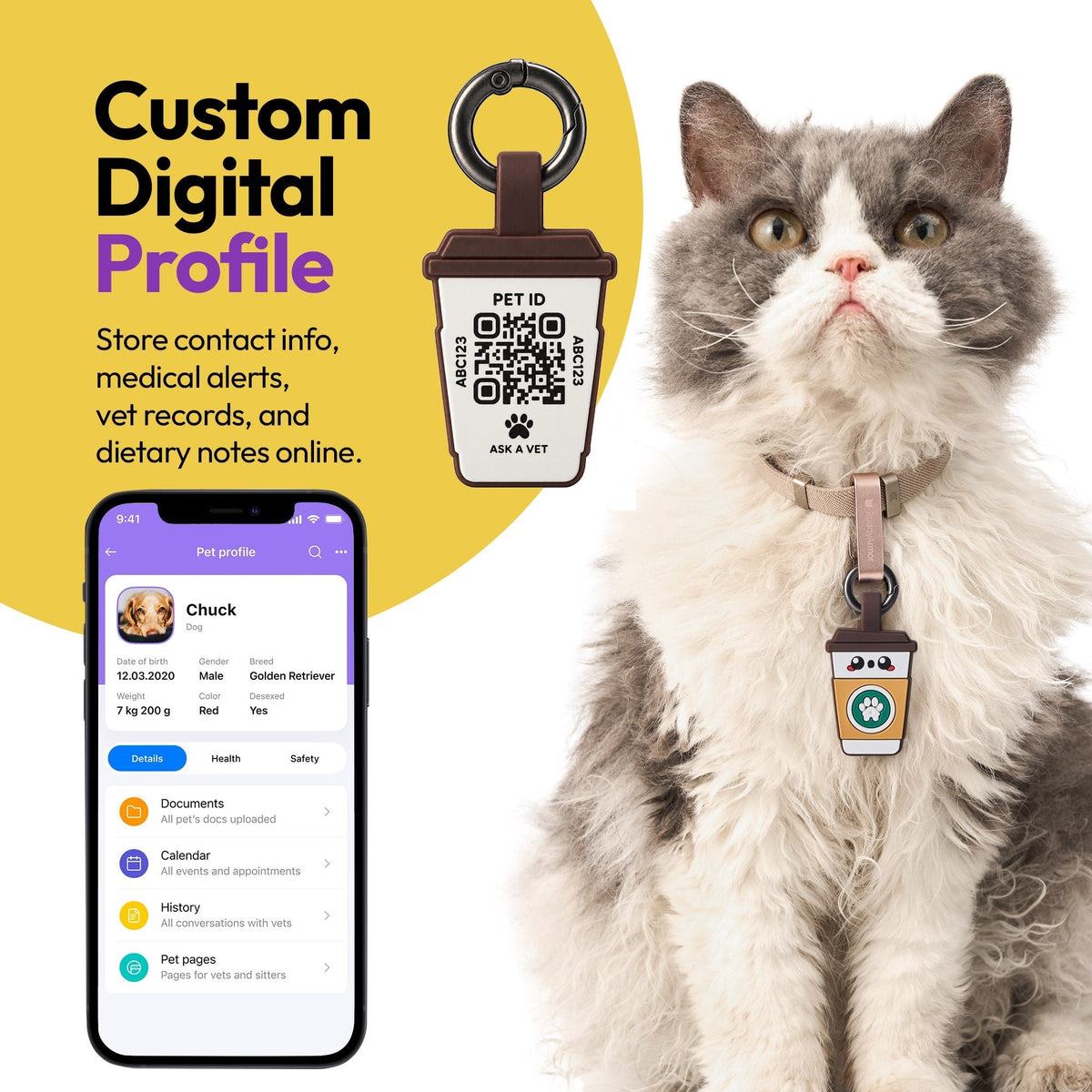 Coffee | Smart ID Tag: Cat wearing the Coffee tag beside a phone showing its profile, headed Custom Digital Profile