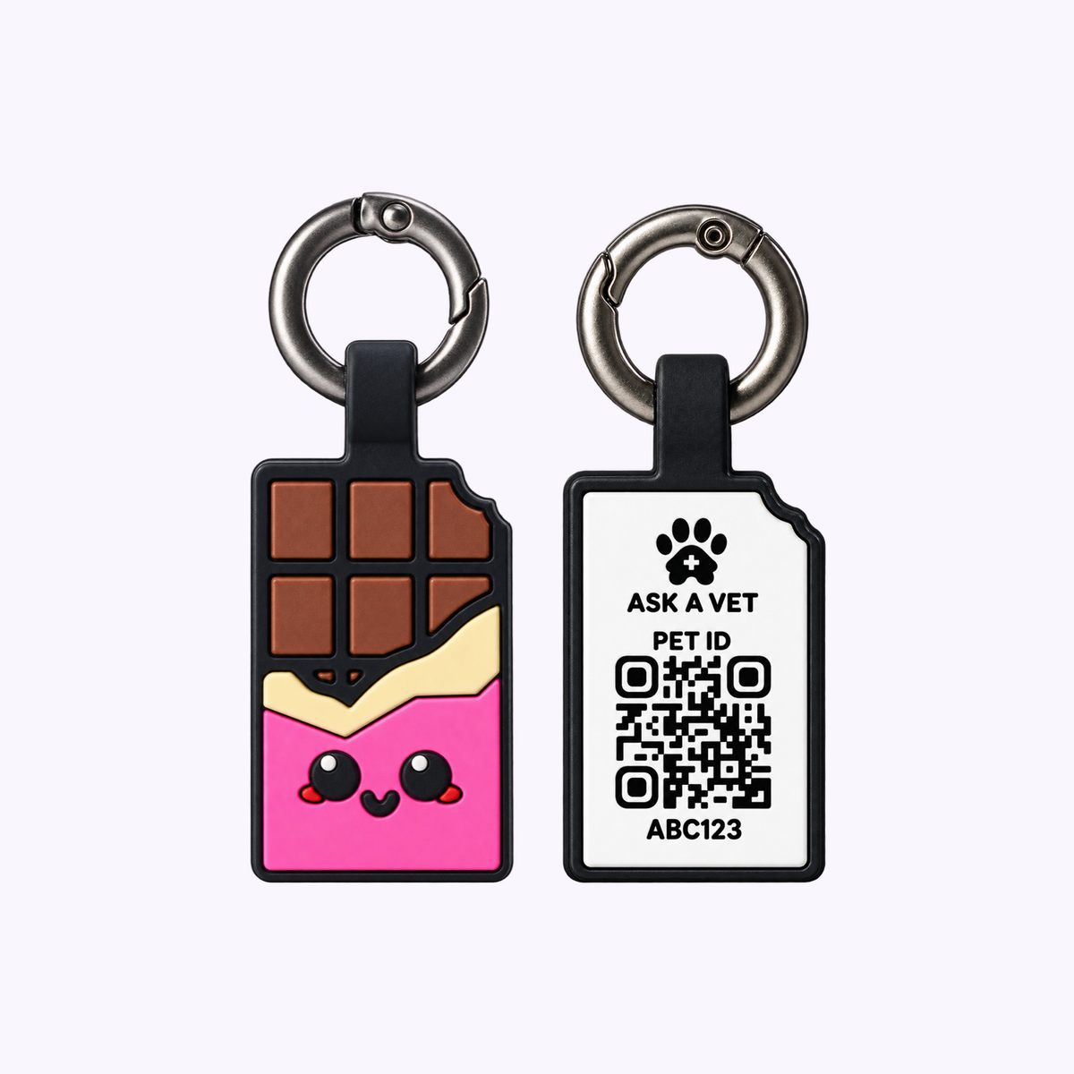 Chocolate Pink NFC and QR code hanging pet ID tag, front and QR code back views.
