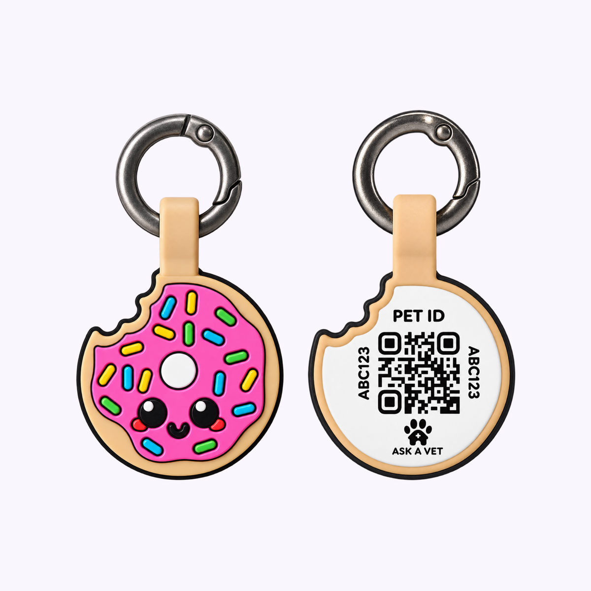 Donut NFC and QR code hanging pet ID tag, front and QR code back views.