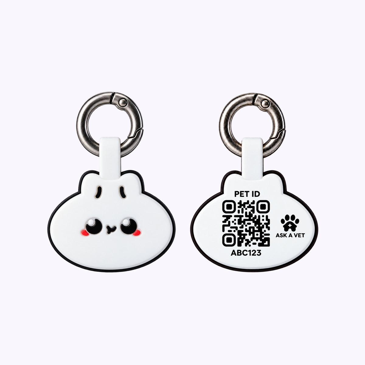 Dumpling NFC and QR code hanging pet ID tag, front and QR code back views.