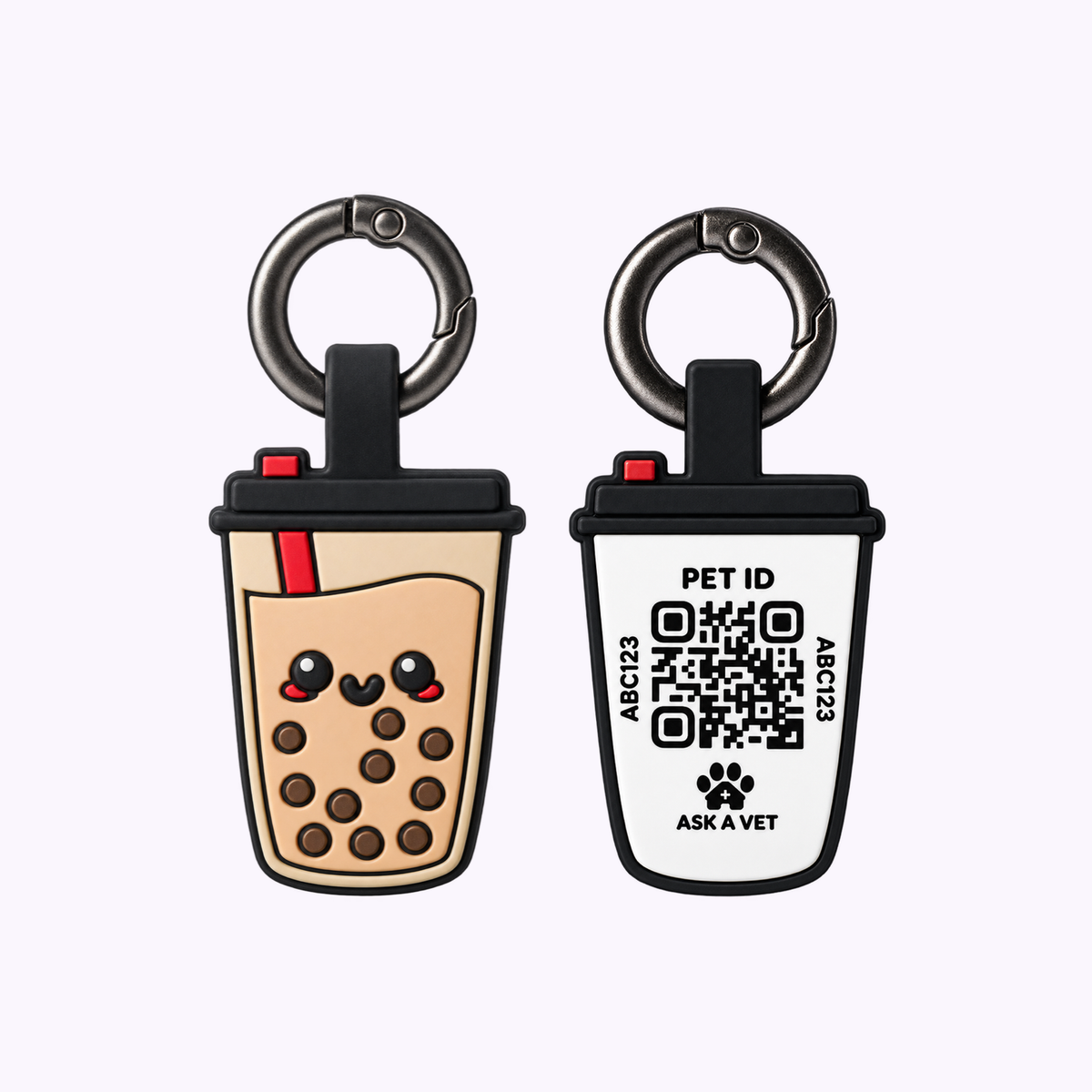 Boba NFC and QR code hanging pet ID tag, front and QR code back views.