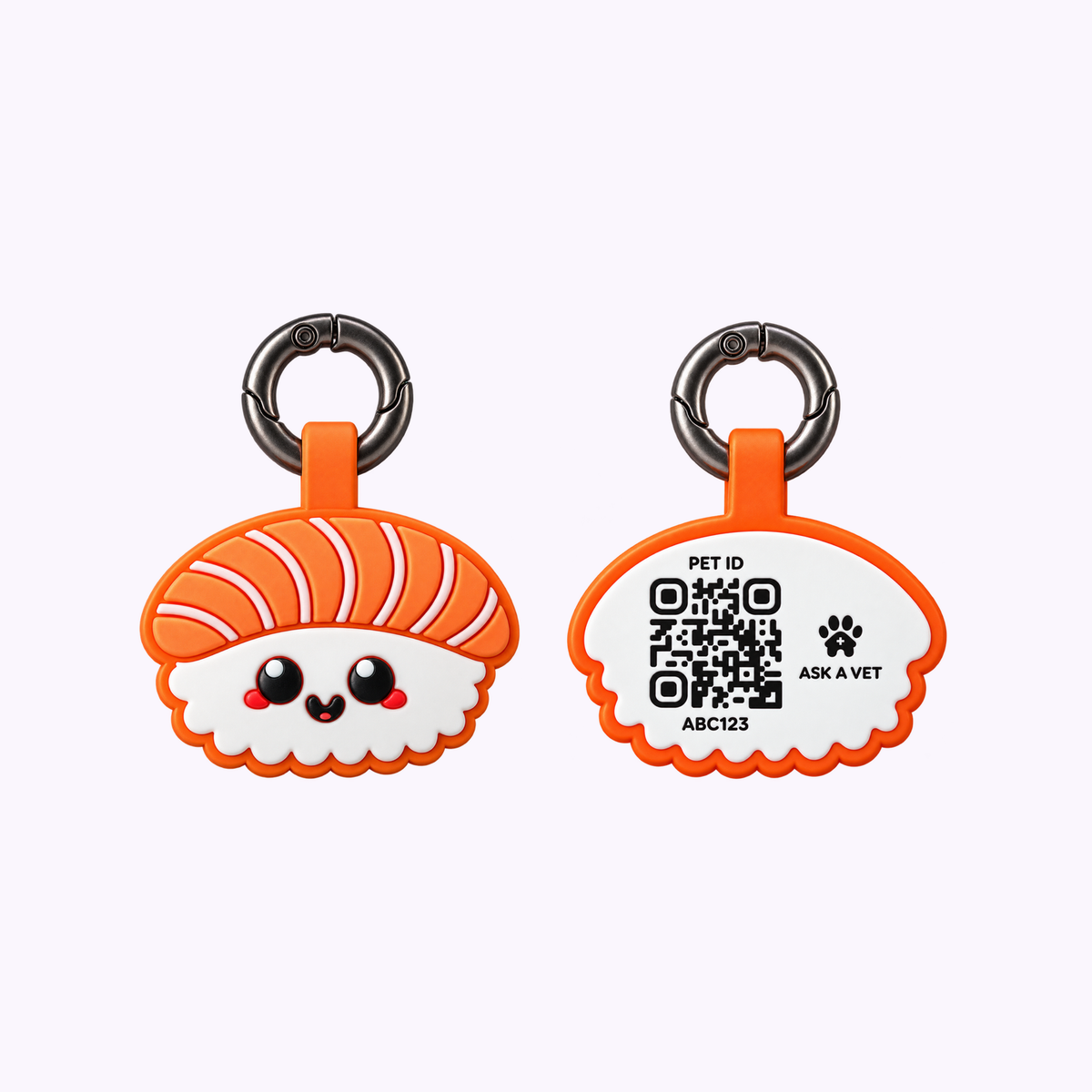 Salmon Sushi NFC and QR code hanging pet ID tag, front and QR code back views.
