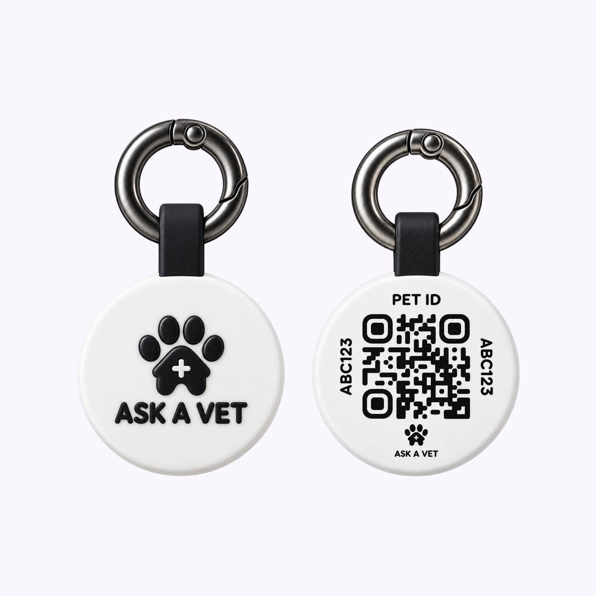 White Classic Round NFC and QR code hanging pet ID tag, front and QR code back views.