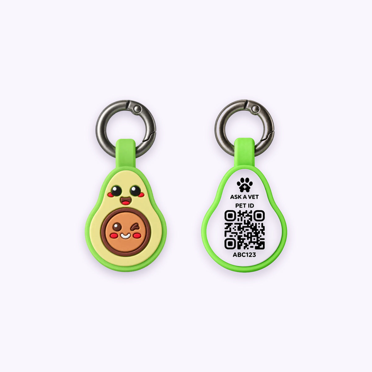 Avocado | Smart ID Tag: The Avocado tag, front design and QR code back, on a pale lavender background