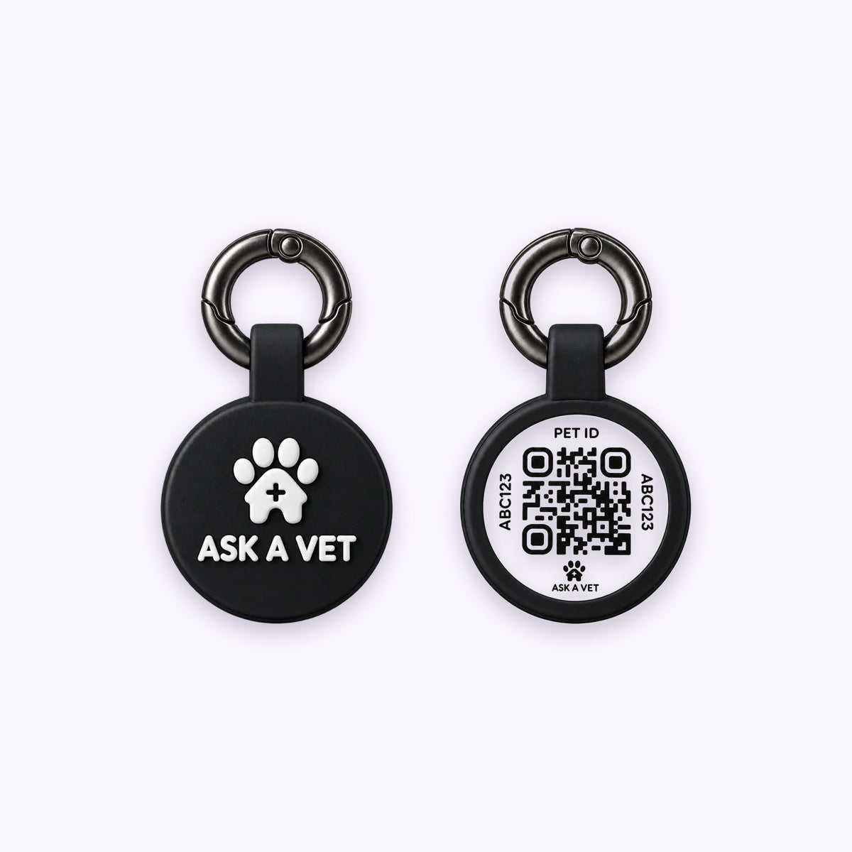 Black | Smart ID Tag: The Black tag, front design and QR code back, on a pale lavender background