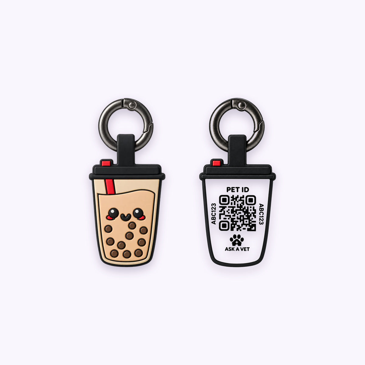Boba | Smart ID Tag: The Boba tag, front design and QR code back, on a pale lavender background