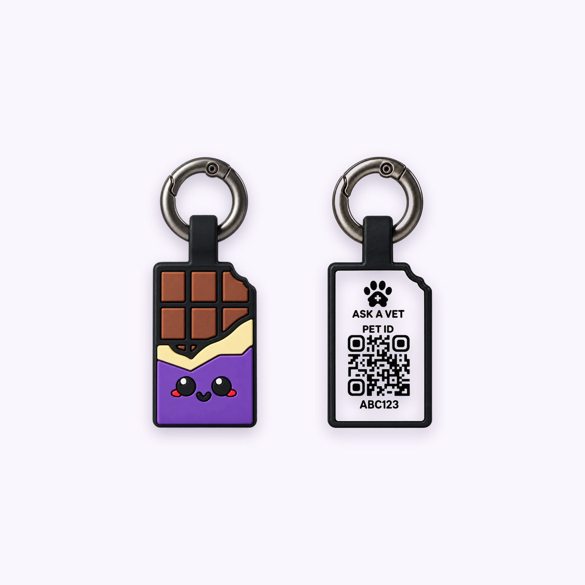 Chocolate Purple | Smart ID Tag: The Chocolate Purple tag, front design and QR code back, on a pale lavender background