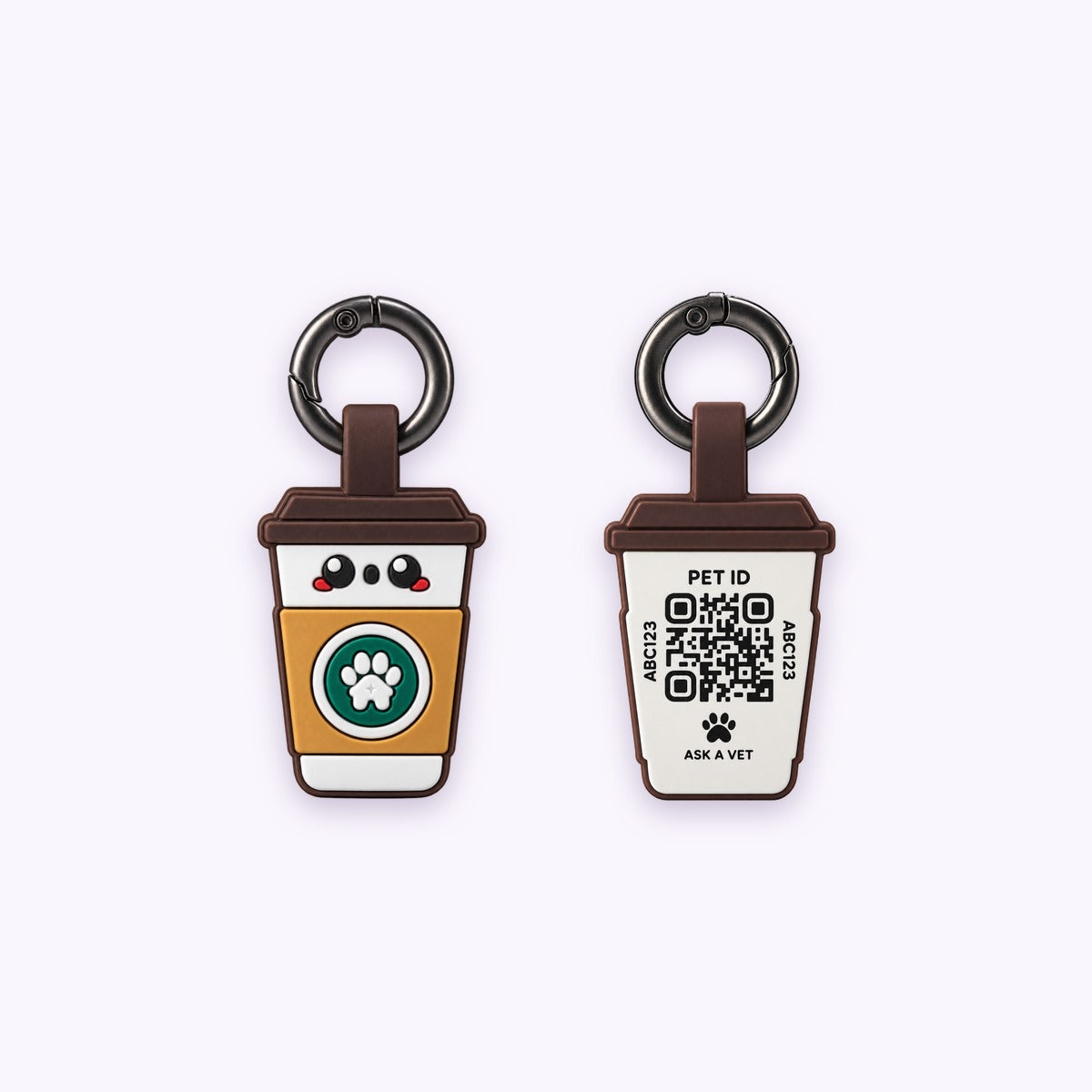 Coffee | Smart ID Tag: The Coffee tag, front design and QR code back, on a pale lavender background