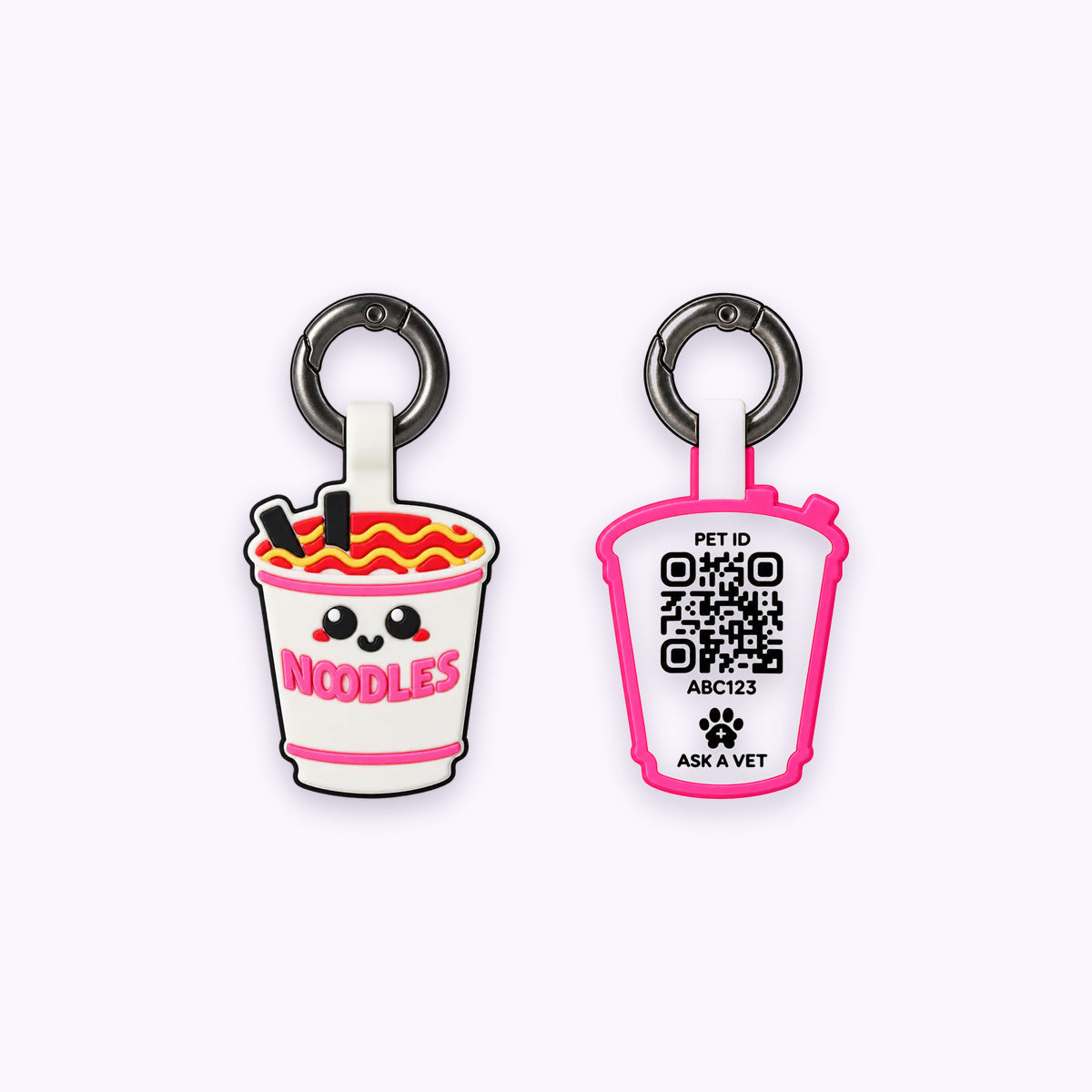 Ramen | Smart ID Tag: The Ramen tag, front design and QR code back, on a pale lavender background