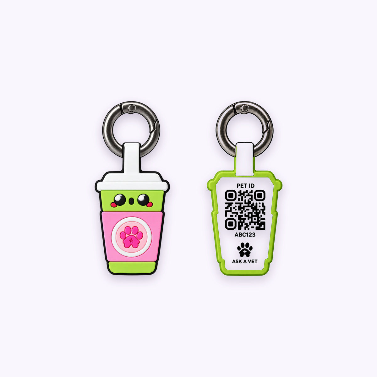 Sakura Matcha | Smart ID Tag: The Sakura Matcha tag, front design and QR code back, on a pale lavender background