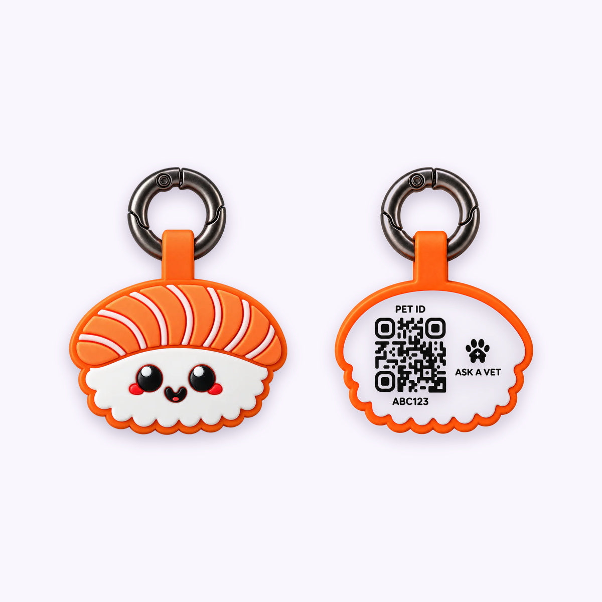 Salmon Sushi | Smart ID Tag: The Salmon Sushi tag, front design and QR code back, on a pale lavender background