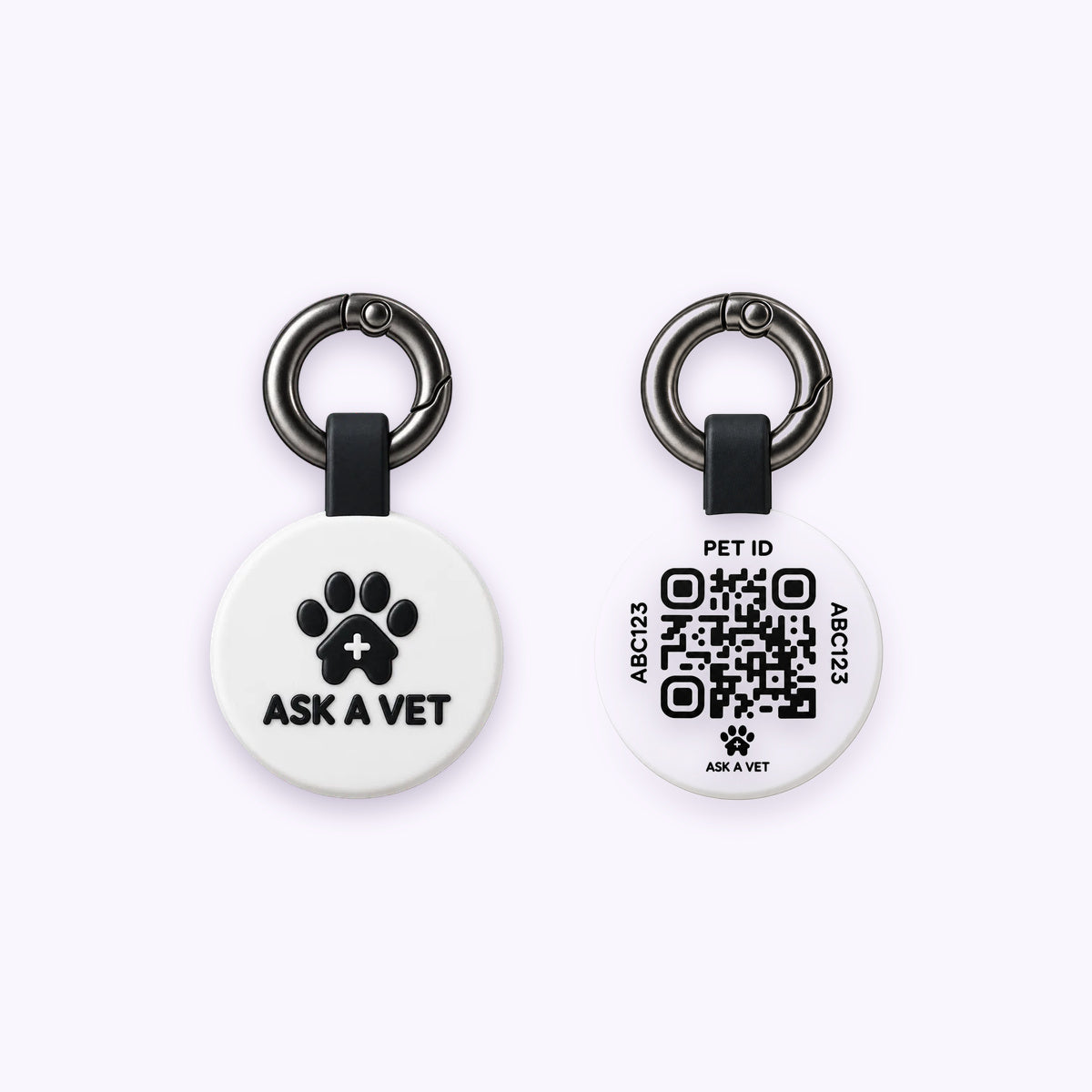 White | Smart ID Tag: The White tag, front design and QR code back, on a pale lavender background